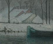William Degouwe de Nuncques Snowy landscape with barge Spain oil painting artist